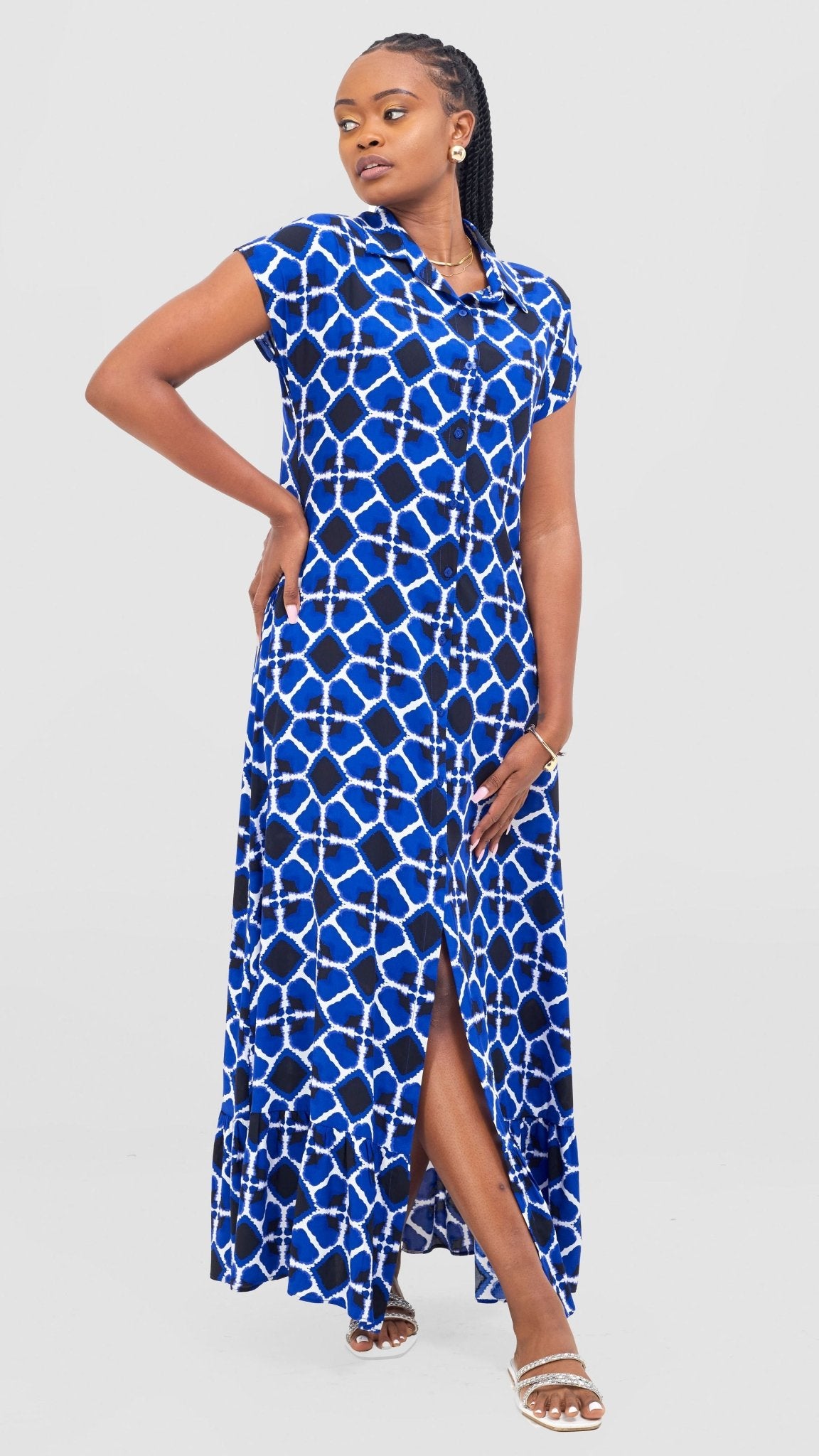 Vivo Maisha Drop Shoulder Maxi Dress - Royal Blue/Black Mai Print - Shopzetu