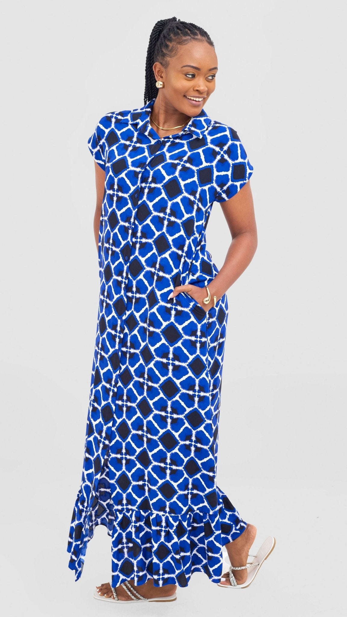 Vivo Maisha Drop Shoulder Maxi Dress - Royal Blue/Black Mai Print - Shopzetu