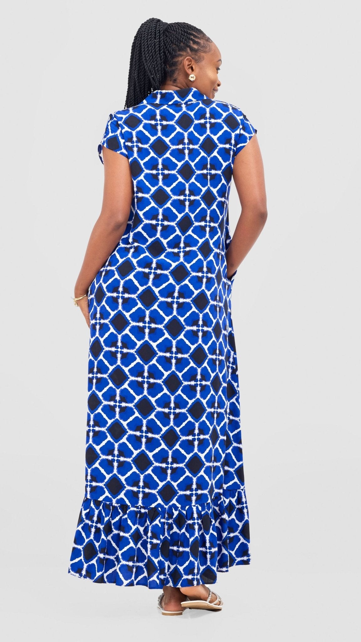 Vivo Maisha Drop Shoulder Maxi Dress - Royal Blue/Black Mai Print - Shopzetu