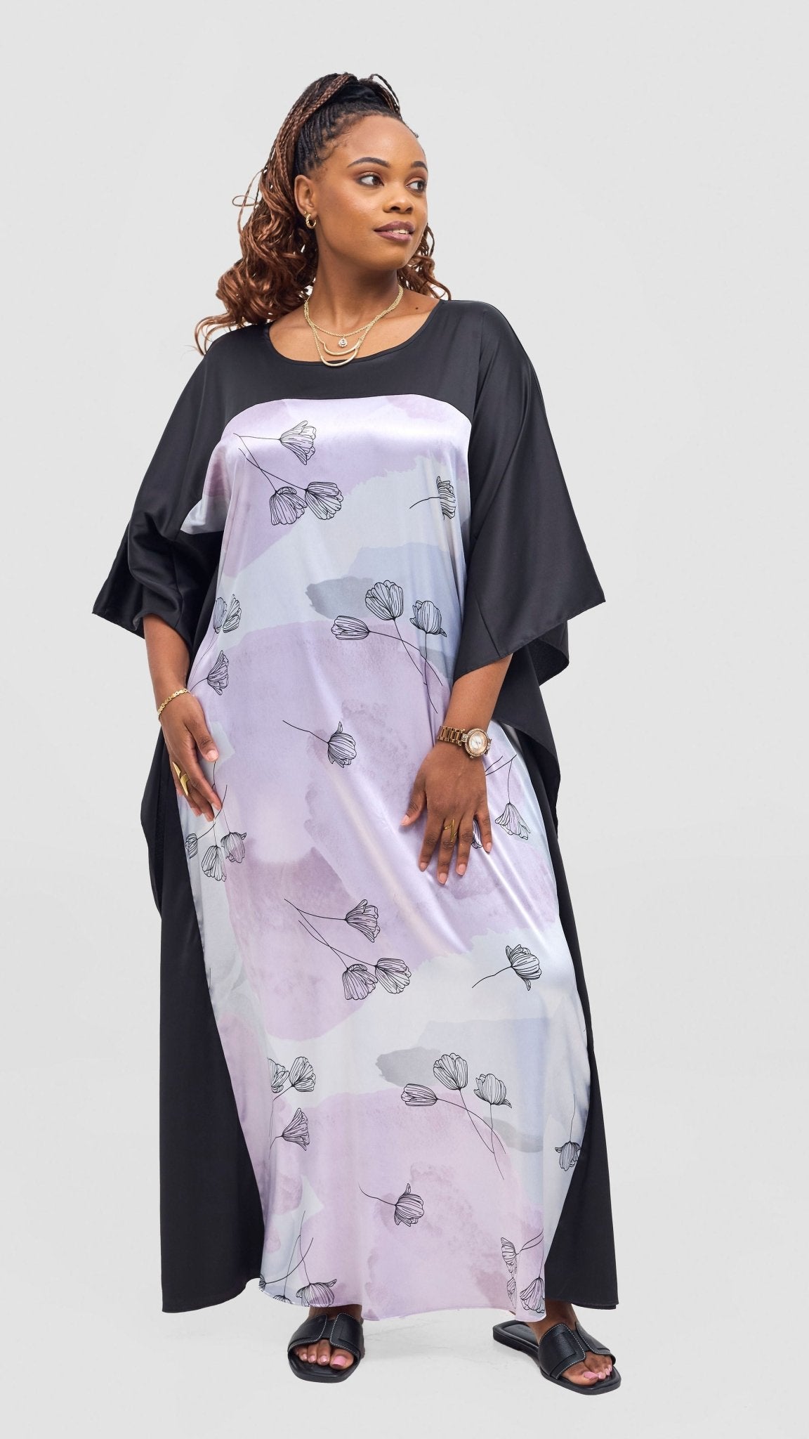 Vivo Keza Satin Border Maxi Kaftan - Lilac / Light Blue Awat Print - Shopzetu