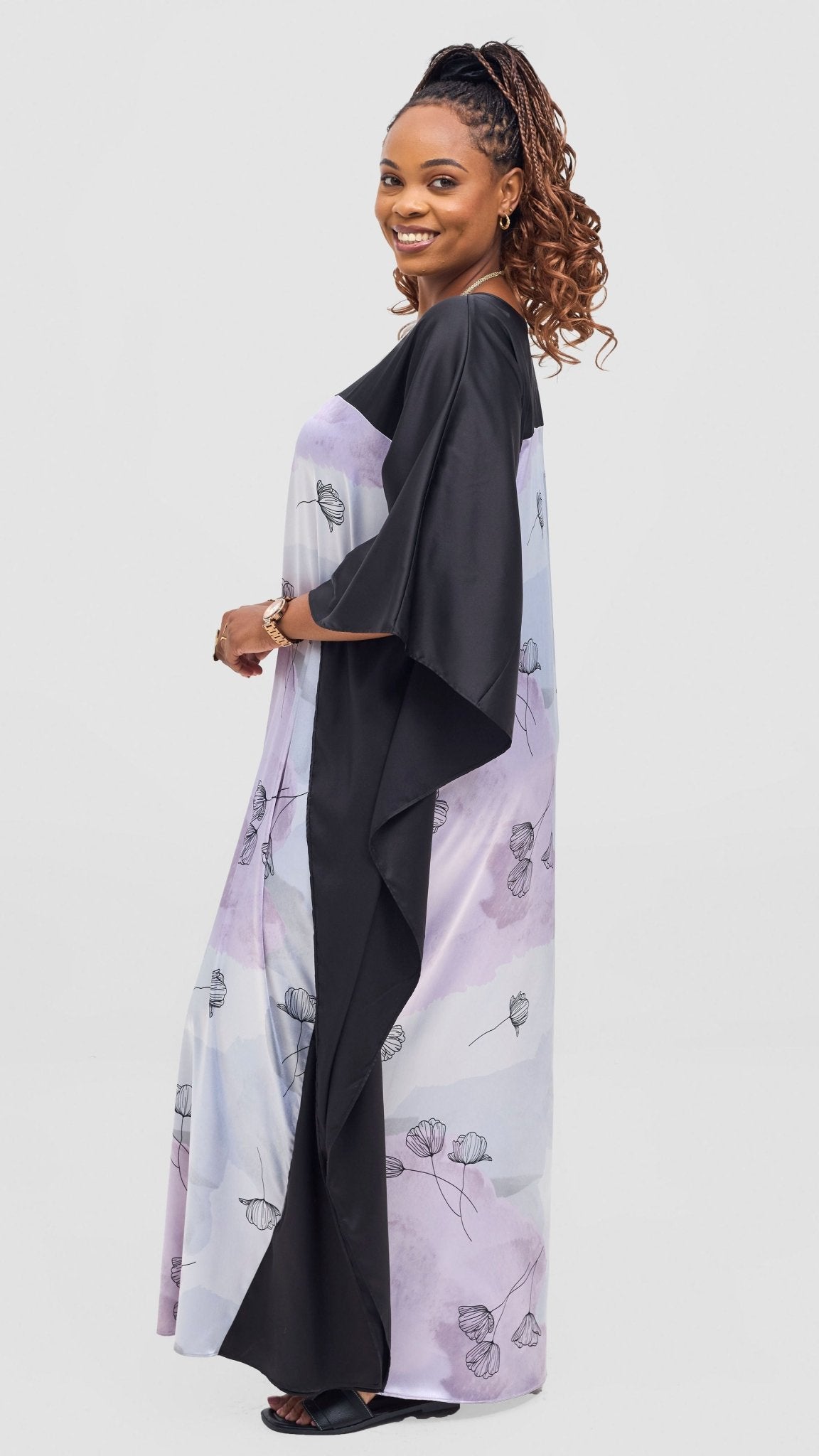 Vivo Keza Satin Border Maxi Kaftan - Lilac / Light Blue Awat Print - Shopzetu