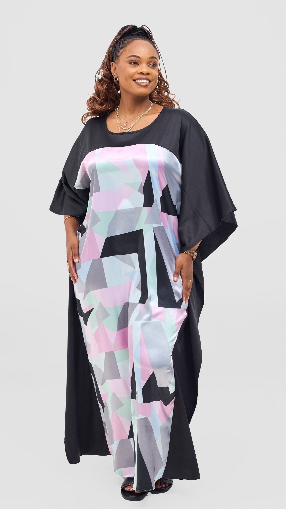 Vivo Keza Satin Border Maxi Kaftan - Pink / Lime Toco Print - Shopzetu
