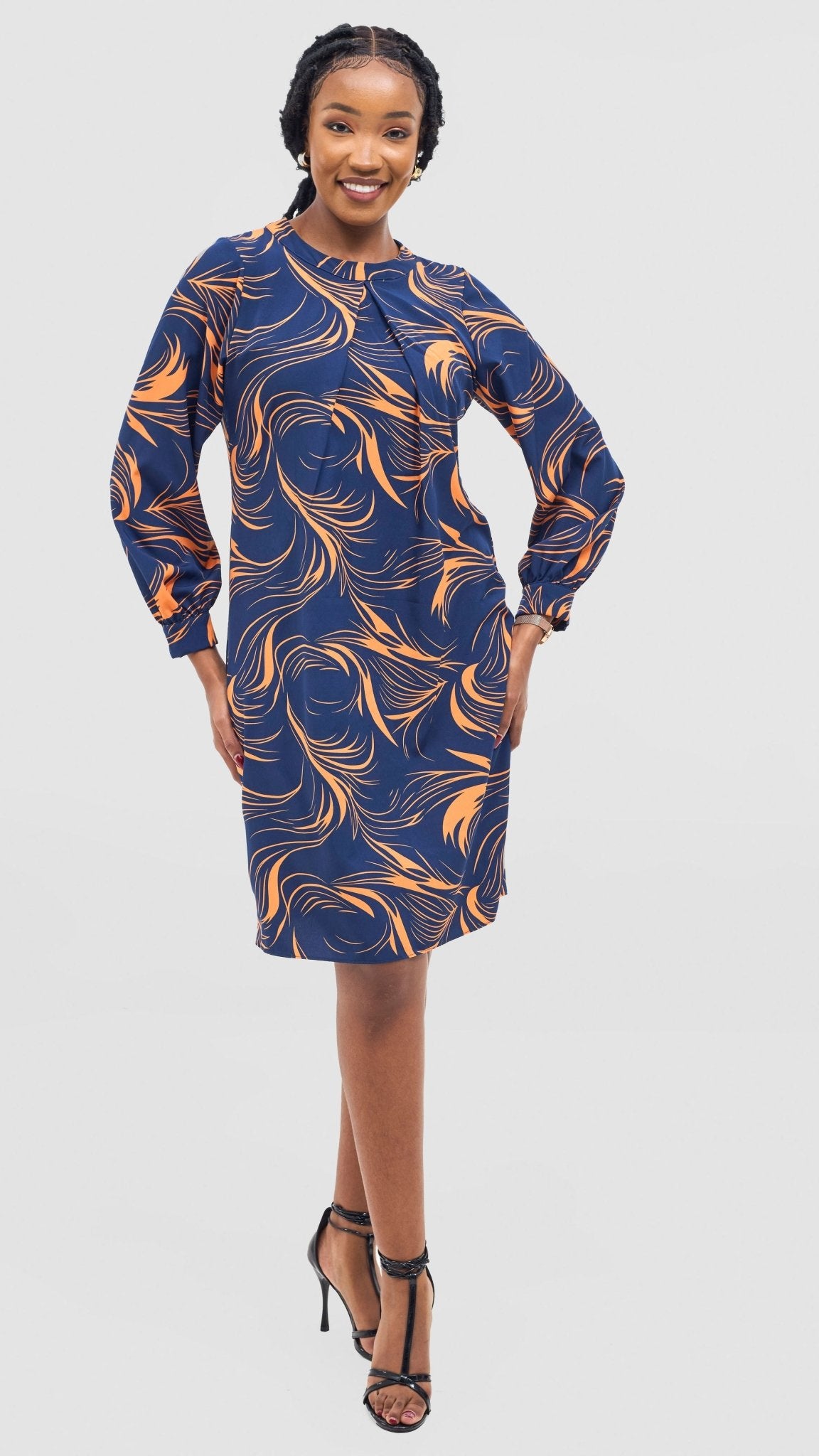Vivo Chari Shift Dress - Navy / Orange Riah Print - Shopzetu