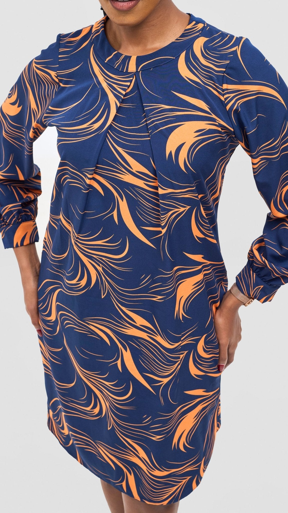 Vivo Chari Shift Dress - Navy / Orange Riah Print - Shopzetu