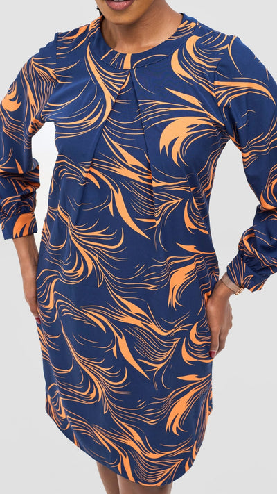 Vivo Chari Shift Dress - Navy / Orange Riah Print - Shopzetu