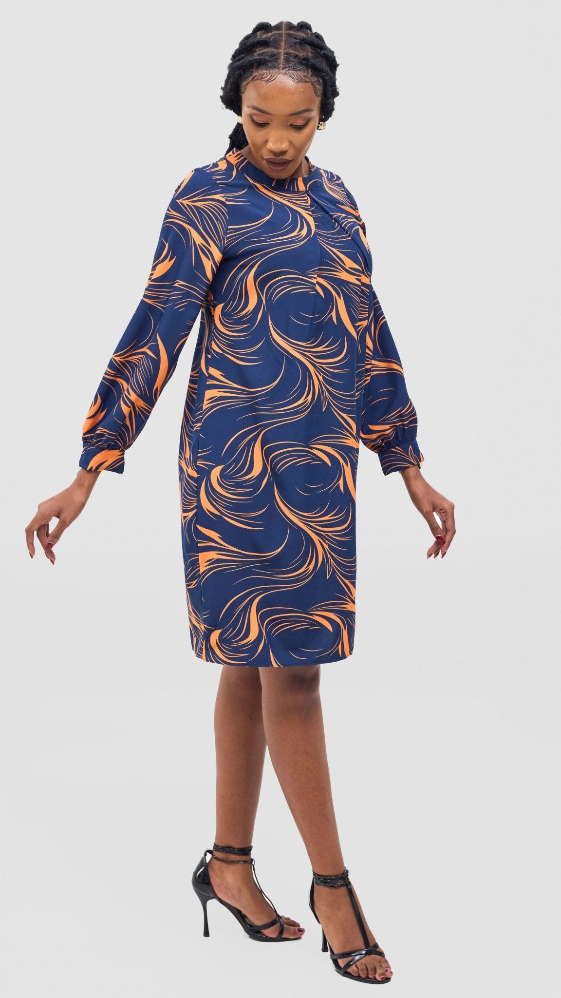 Vivo Chari Shift Dress - Navy / Orange Riah Print - Shopzetu