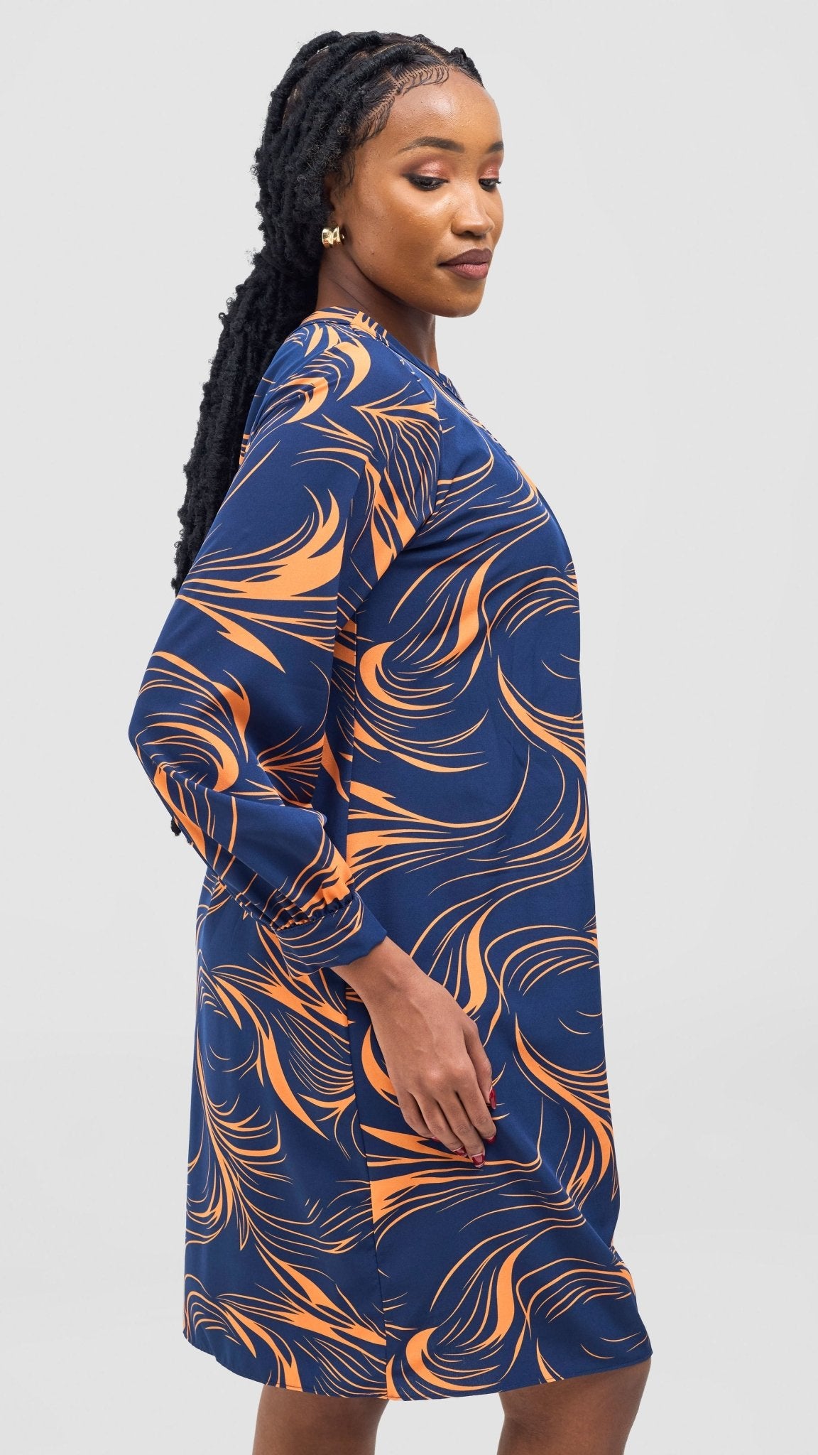 Vivo Chari Shift Dress - Navy / Orange Riah Print - Shopzetu