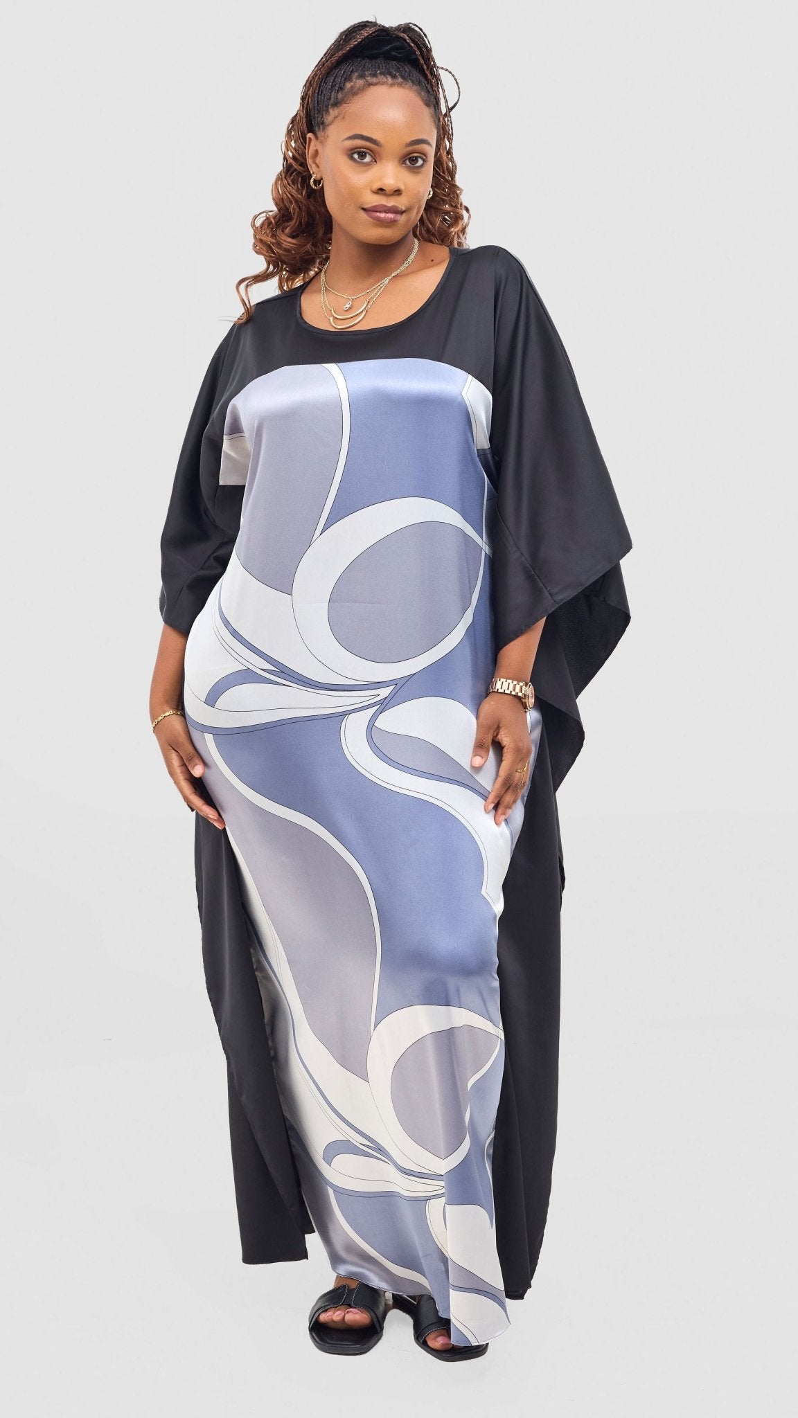 Vivo Keza Satin Border Maxi Kaftan - Grey / White Kodo Print - Shopzetu