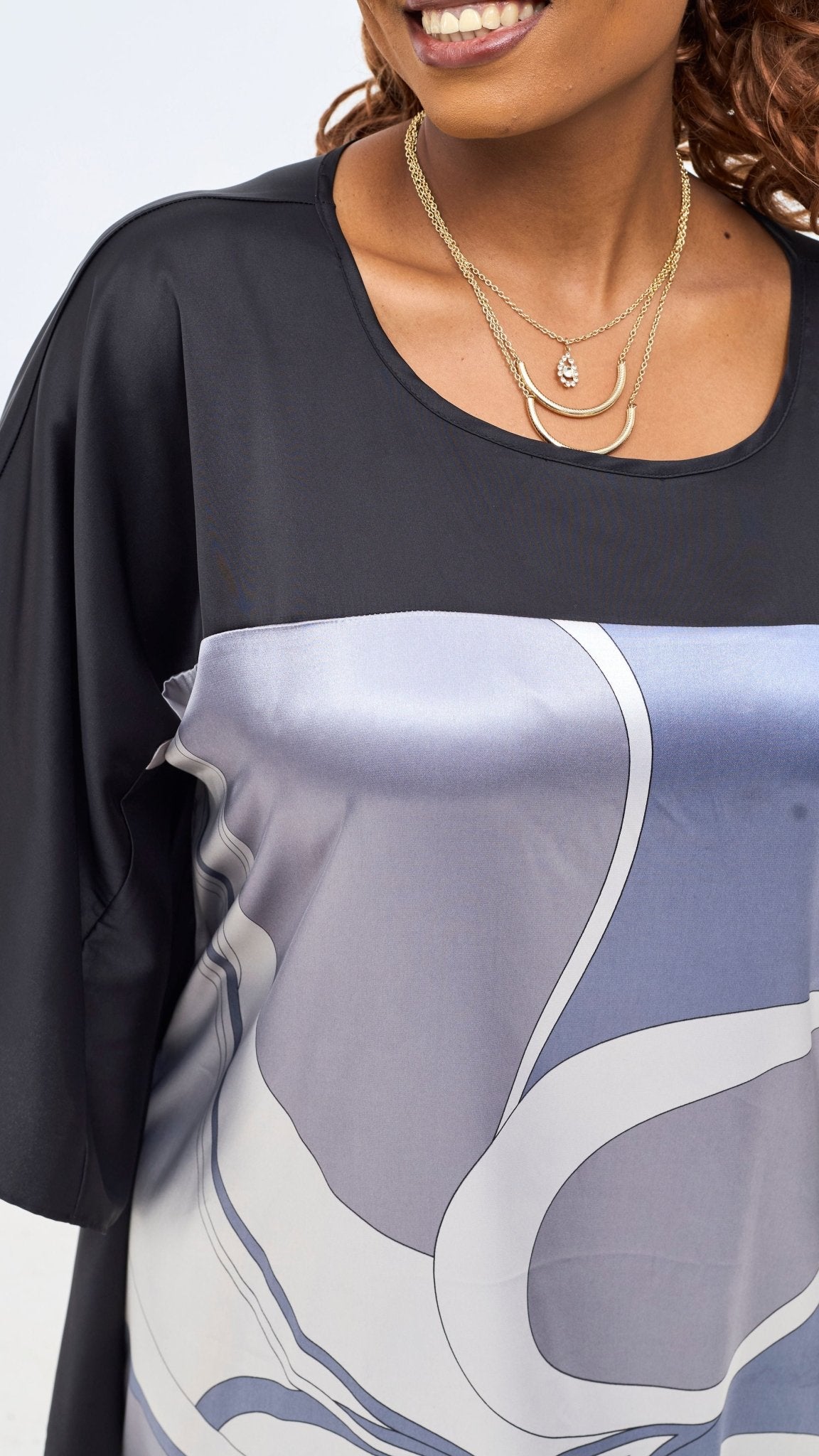 Vivo Keza Satin Border Maxi Kaftan - Grey / White Kodo Print - Shopzetu