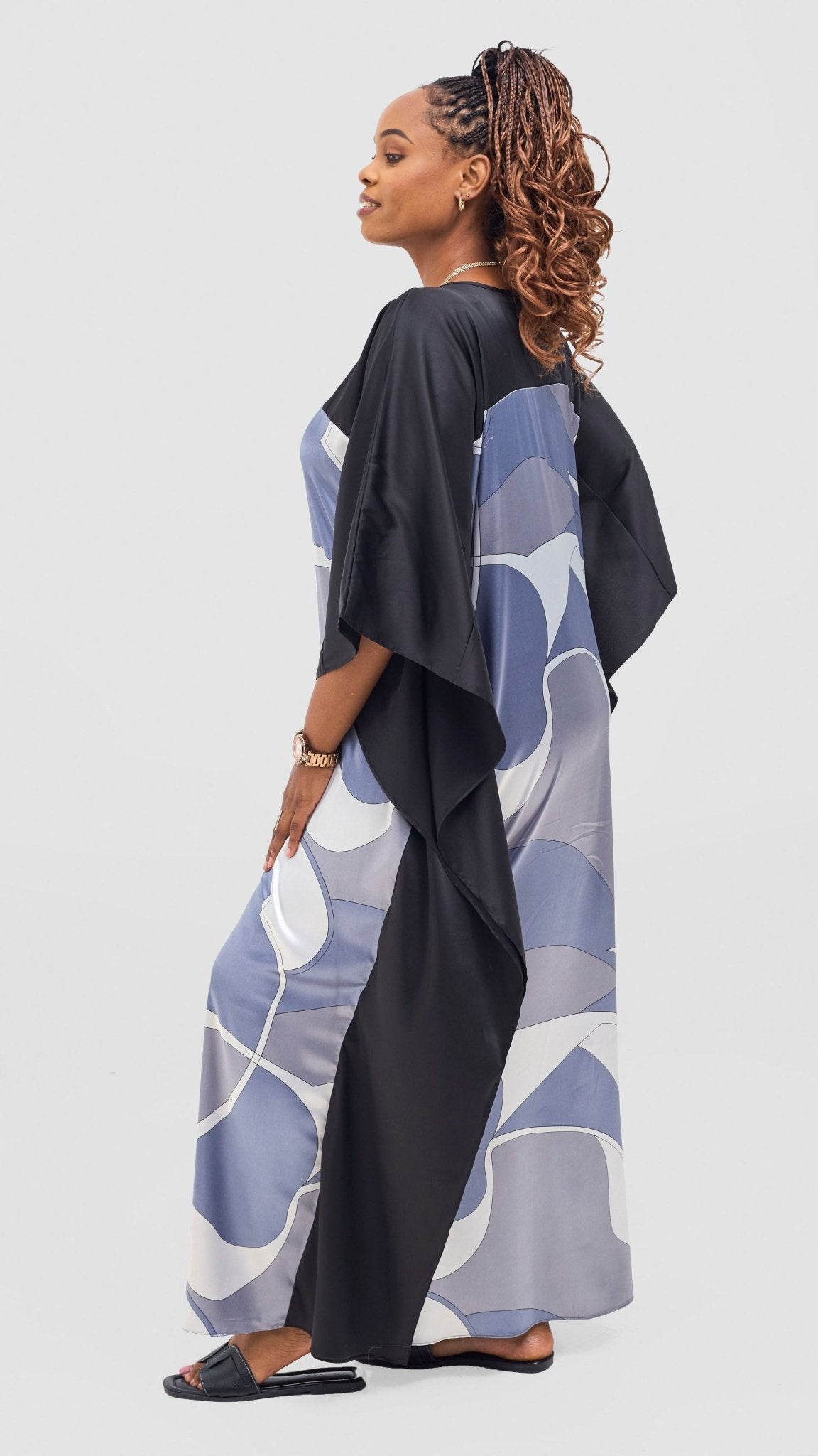 Vivo Keza Satin Border Maxi Kaftan - Grey / White Kodo Print - Shopzetu