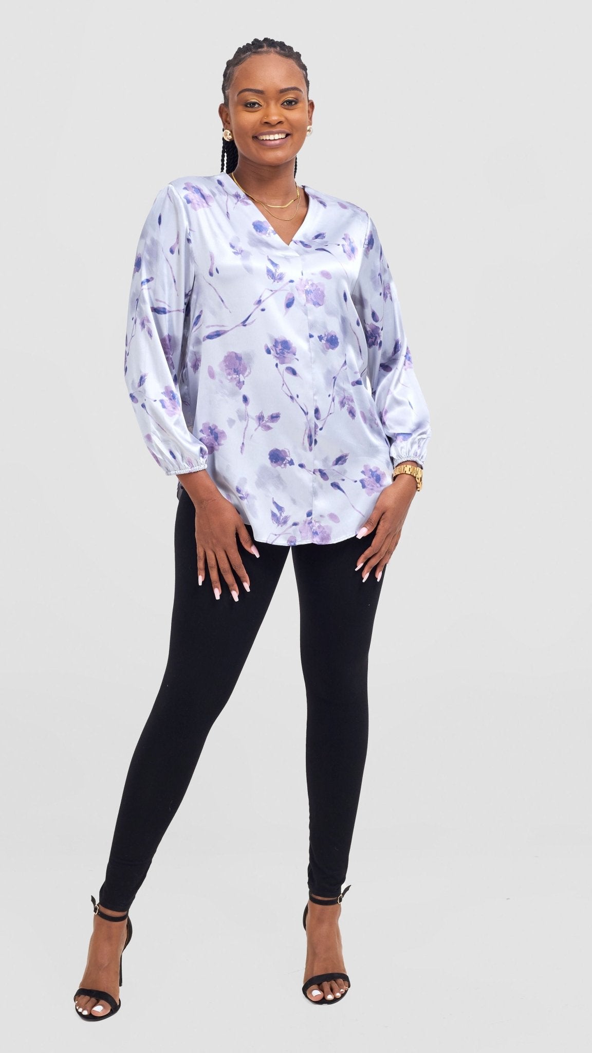 Vivo Dua Satin Bishop Sleeve Top - Blue / Purple Print - Shopzetu