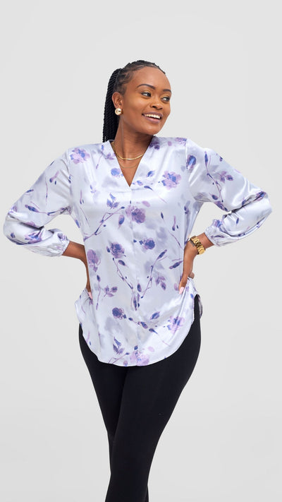 Vivo Dua Satin Bishop Sleeve Top - Blue / Purple Print - Shopzetu