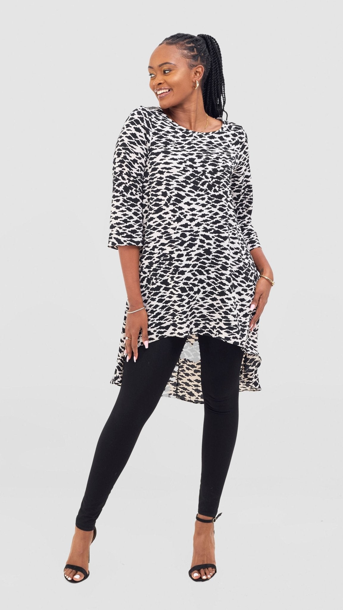 Vivo Maisha 3/4 Sleeve High Low Top - Off White / Black Print - Shopzetu