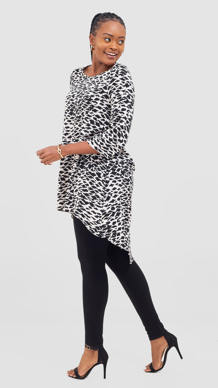 Vivo Maisha 3/4 Sleeve High Low Top - Off White / Black Print