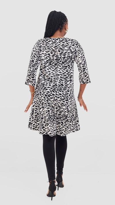 Vivo Maisha 3/4 Sleeve High Low Top - Off White / Black Print - Shopzetu