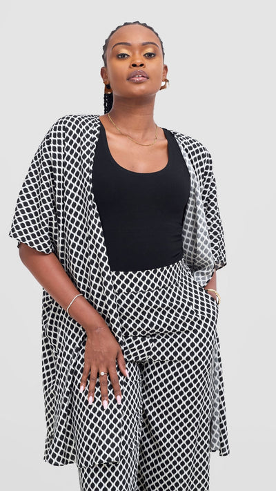 Vivo Samira Wide Kimono - Black / Off White Print - Shopzetu