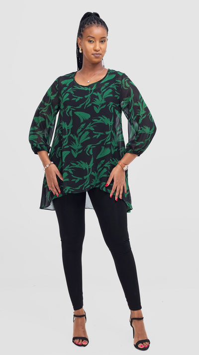 Vivo Samira High Low Top - Black / Green Siari Print - Shopzetu