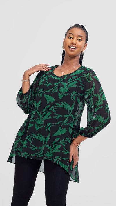 Vivo Samira High Low Top - Black / Green Siari Print - Shopzetu