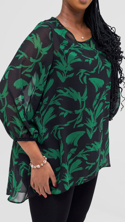 Vivo Samira High Low Top - Black / Green Siari Print - Shopzetu