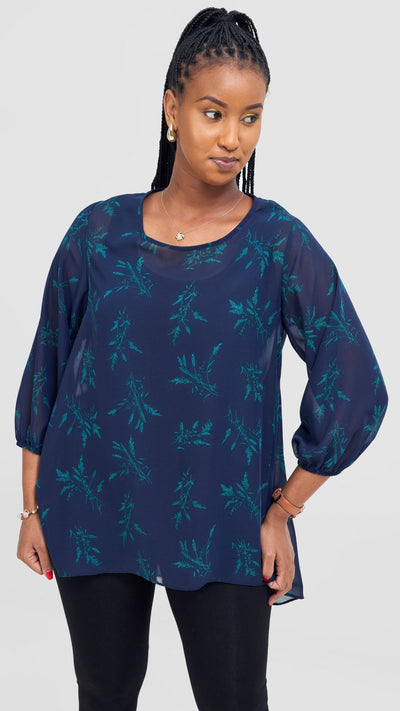 Vivo Samira High Low Top - Navy / Teal Ami Print - Shopzetu