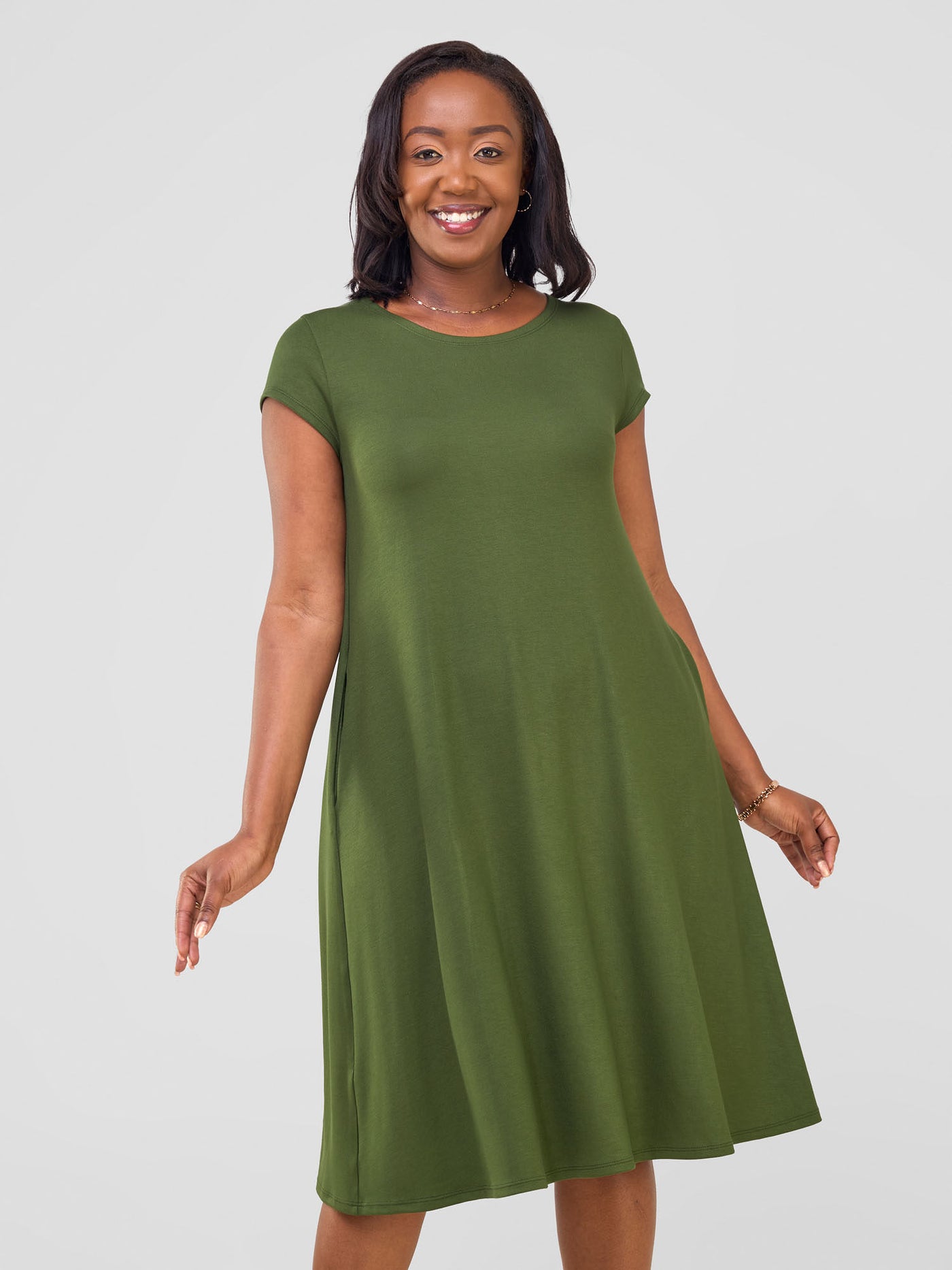 Vivo Leila Cap Sleeve Tent Knee Length Dress - Hunters