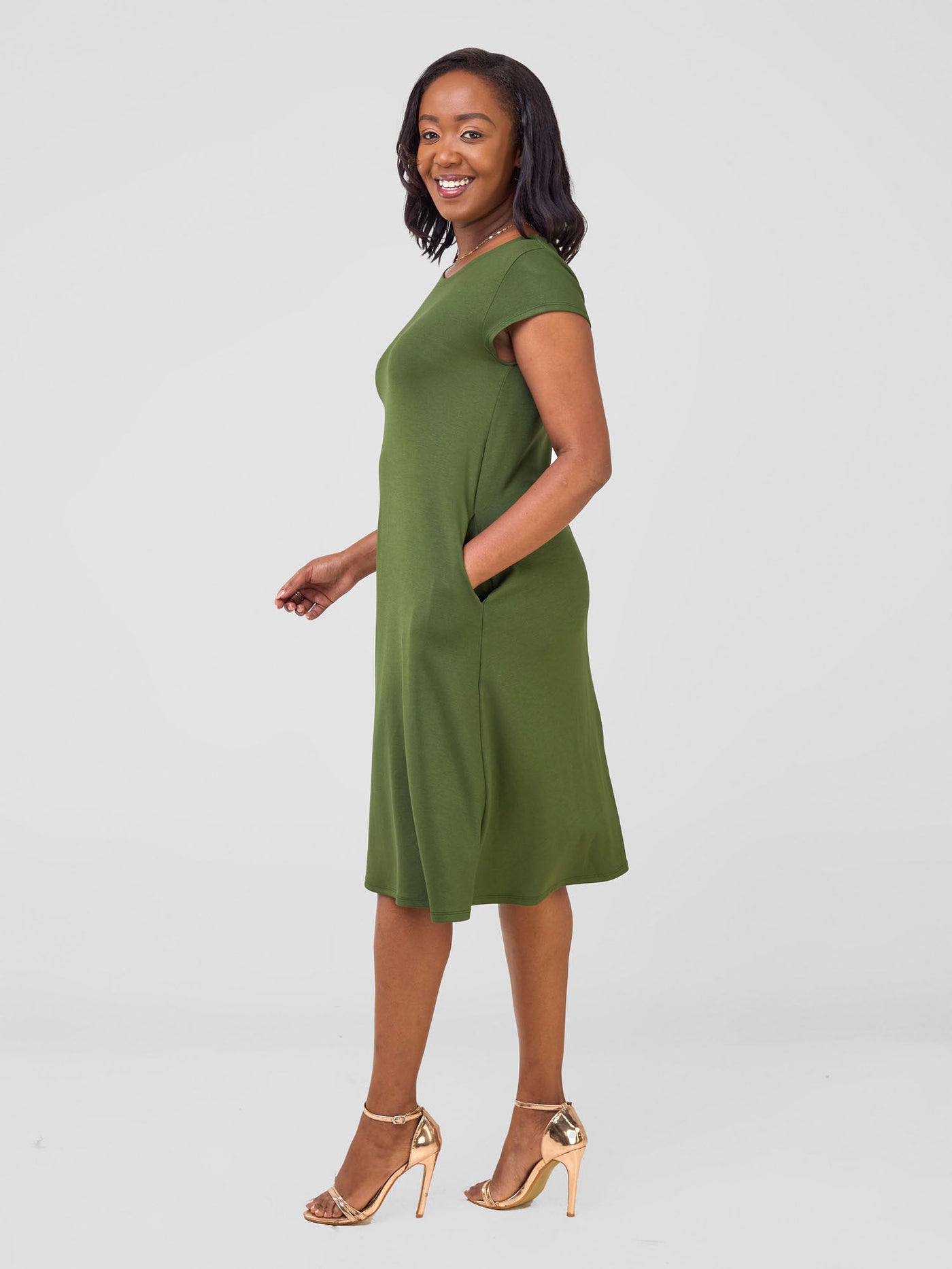 Vivo Leila Cap Sleeve Tent Knee Length Dress - Hunters