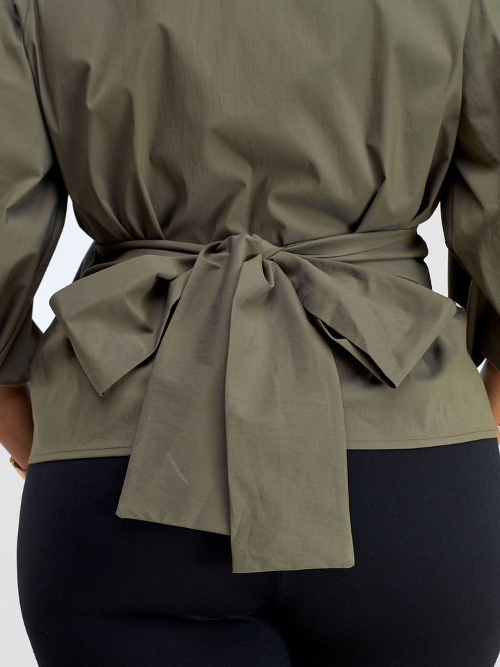 Safari Mali 3/4 Bishop Sleeve  Tie Top MG - Hunters Green