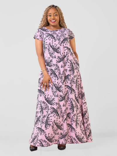 Vivo Basic Cap Sleeve Maxi Tent Dress - Pink / Black Abeni Print
