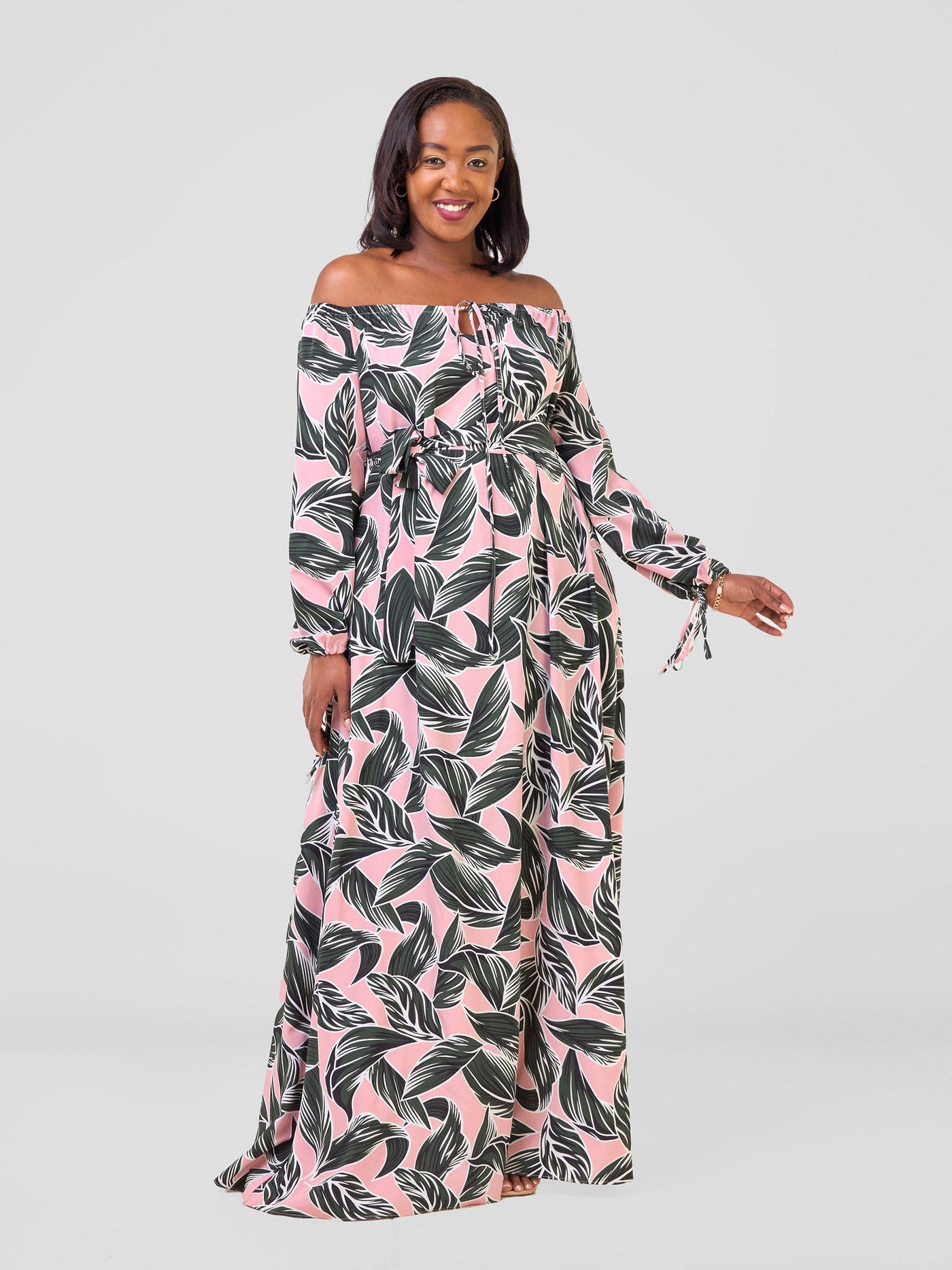 Vivo Zahari Off-Shoulder Maxi Dress - Pink / Green Hari Print