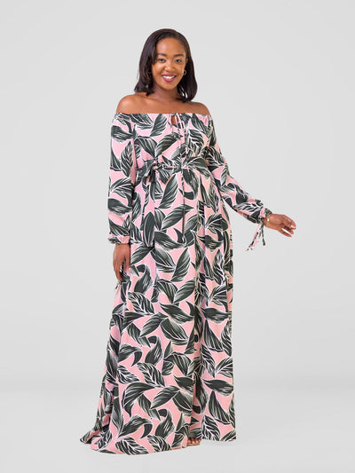 Vivo Zahari Off-Shoulder Maxi Dress - Pink / Green Hari Print