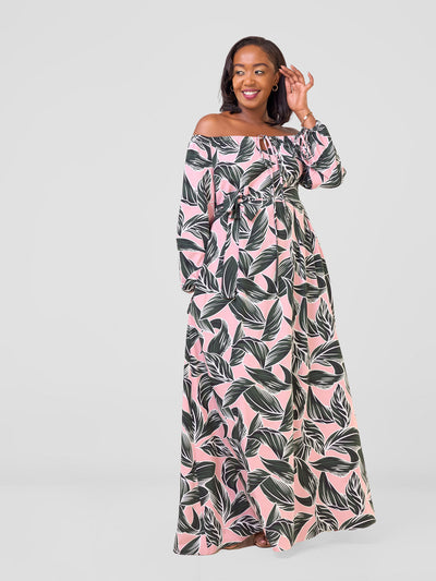 Vivo Zahari Off-Shoulder Maxi Dress - Pink / Green Hari Print