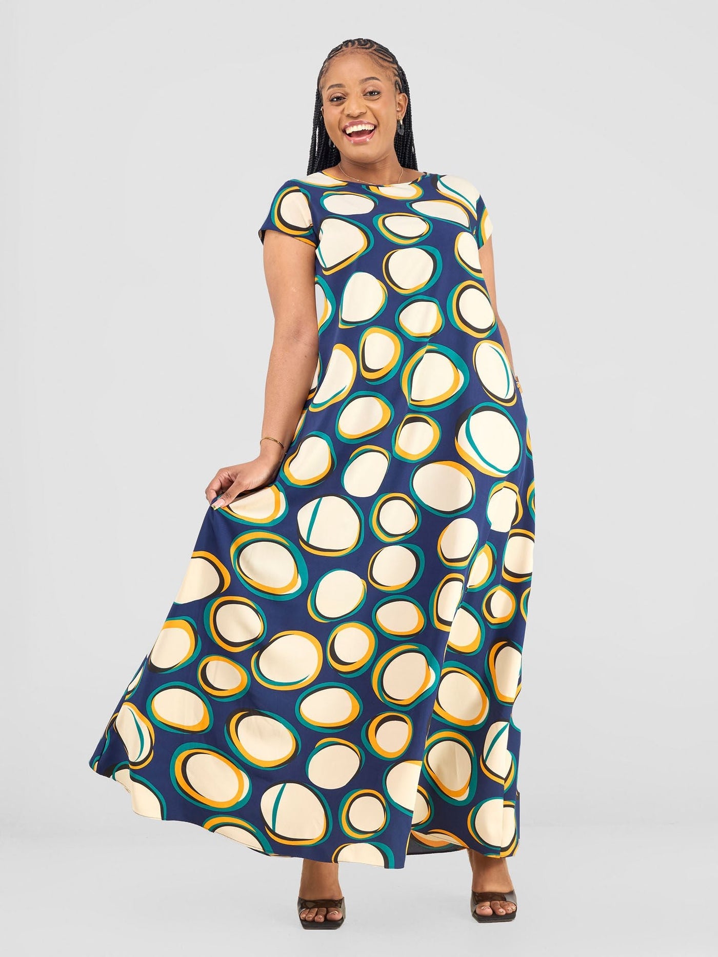 Vivo Basic Cap Sleeve Maxi Tent Dress - Taupe Polka Print - Shopzetu