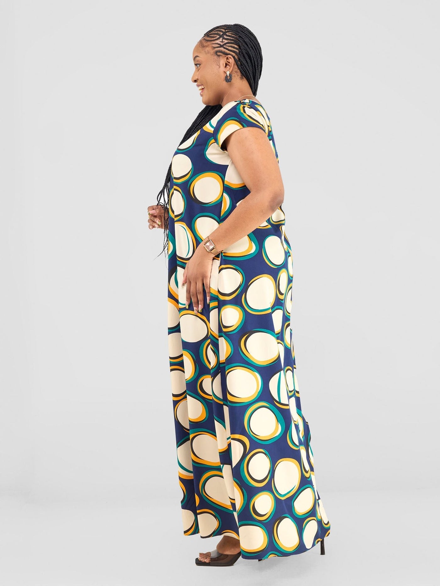 Vivo Basic Cap Sleeve Maxi Tent Dress - Taupe Polka Print - Shopzetu