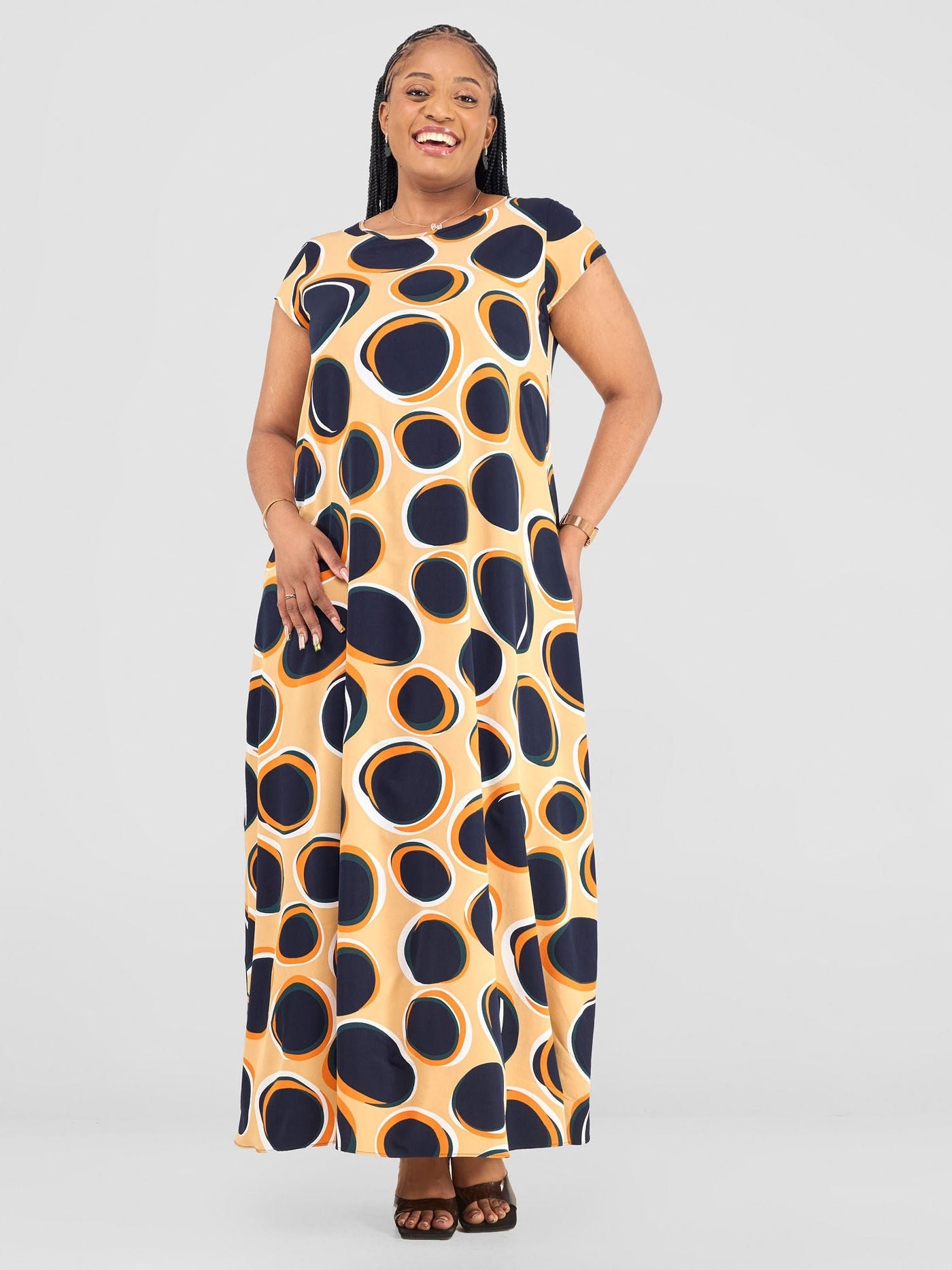 Vivo Basic Cap Sleeve Maxi Tent Dress - Navy Polka Print - Shopzetu