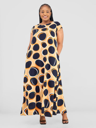 Vivo Basic Cap Sleeve Maxi Tent Dress - Navy Polka Print - Shopzetu