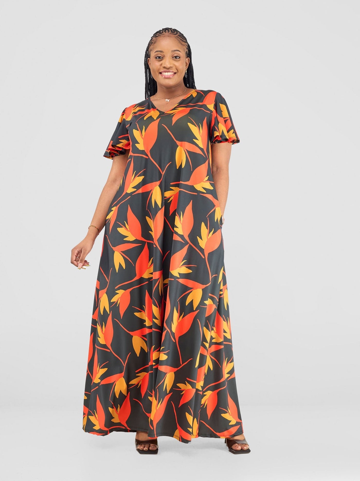 Vivo Ruwa Flounce Sleeve Tent Maxi Dress - Navy / Orange Mizan Print
