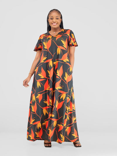 Vivo Ruwa Flounce Sleeve Tent Maxi Dress - Navy / Orange Mizan Print