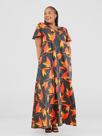 Vivo Ruwa Flounce Sleeve Tent Maxi Dress - Navy / Orange Mizan Print