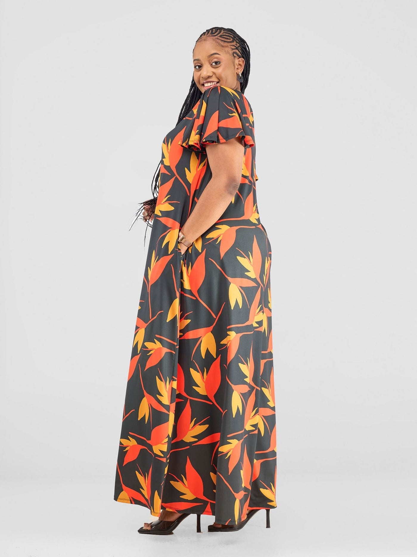 Vivo Ruwa Flounce Sleeve Tent Maxi Dress - Navy / Orange Mizan Print