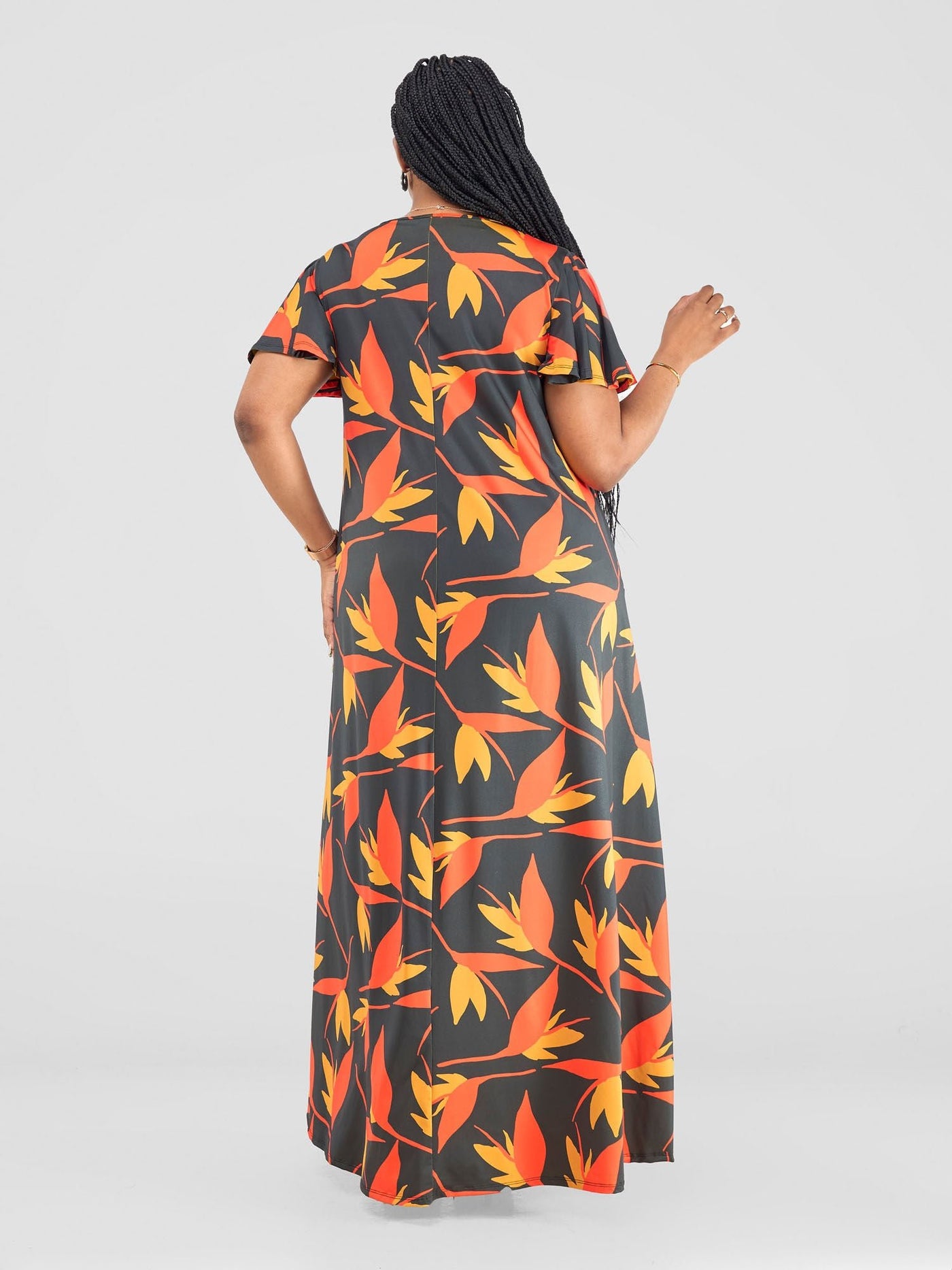 Vivo Ruwa Flounce Sleeve Tent Maxi Dress - Navy / Orange Mizan Print