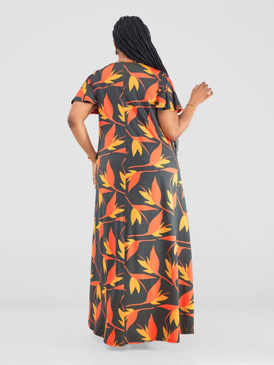Vivo Ruwa Flounce Sleeve Tent Maxi Dress - Navy / Orange Mizan Print