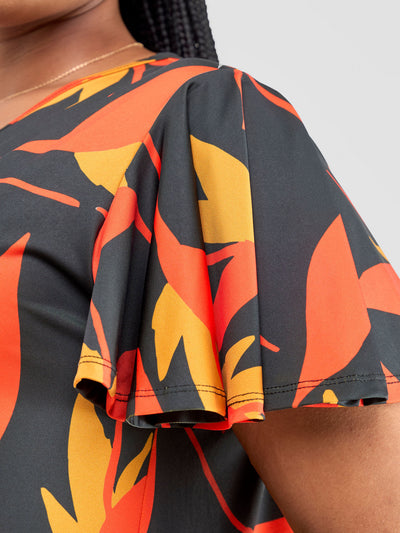 Vivo Ruwa Flounce Sleeve Tent Maxi Dress - Navy / Orange Mizan Print