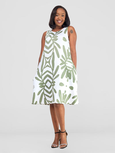 Vivo Amara Back Pleat Dress - Hunters / White Ukwi Print