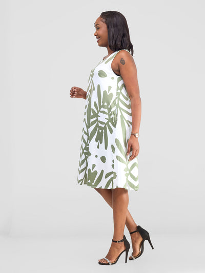 Vivo Amara Back Pleat Dress - Hunters / White Ukwi Print