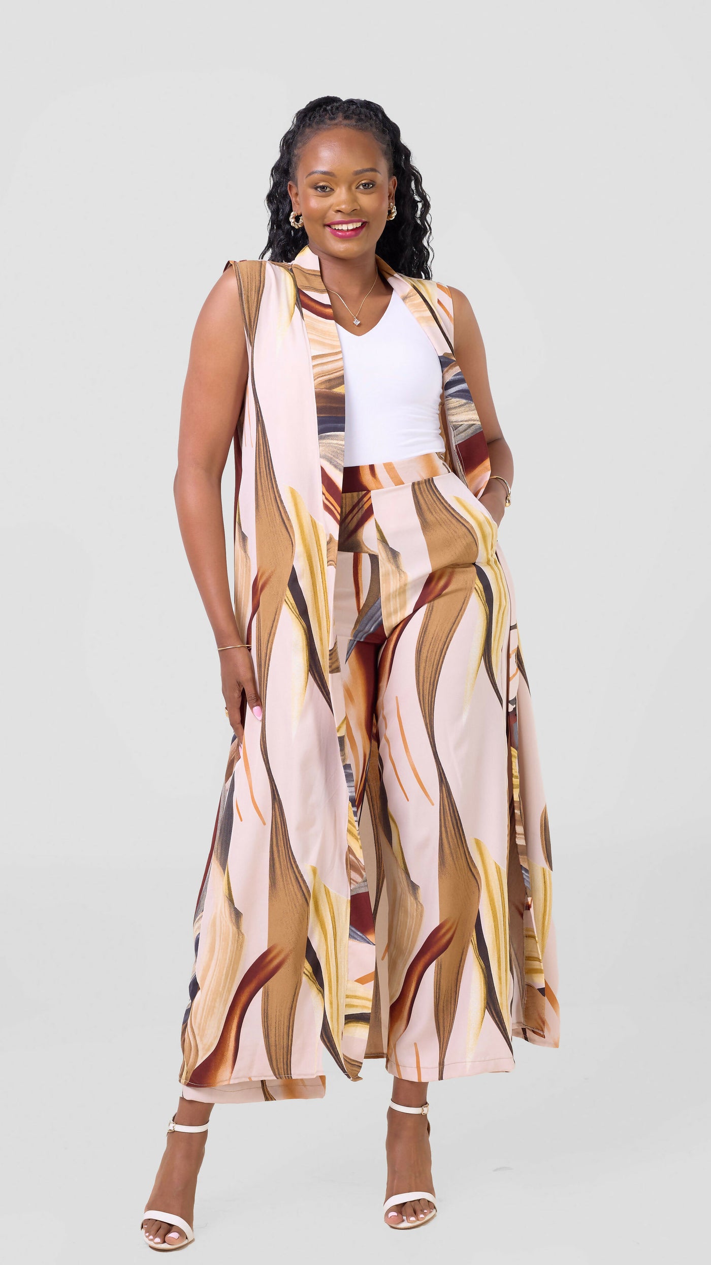 Liliadly Bubbly Subtle Sleeveless Kimono Set - Brown