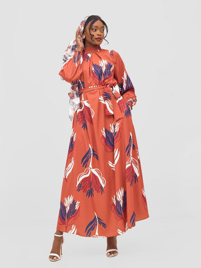 Vivo Ayah Shirred Neck Tent Maxi Dress - Rust / Navy Yana Print - Shopzetu