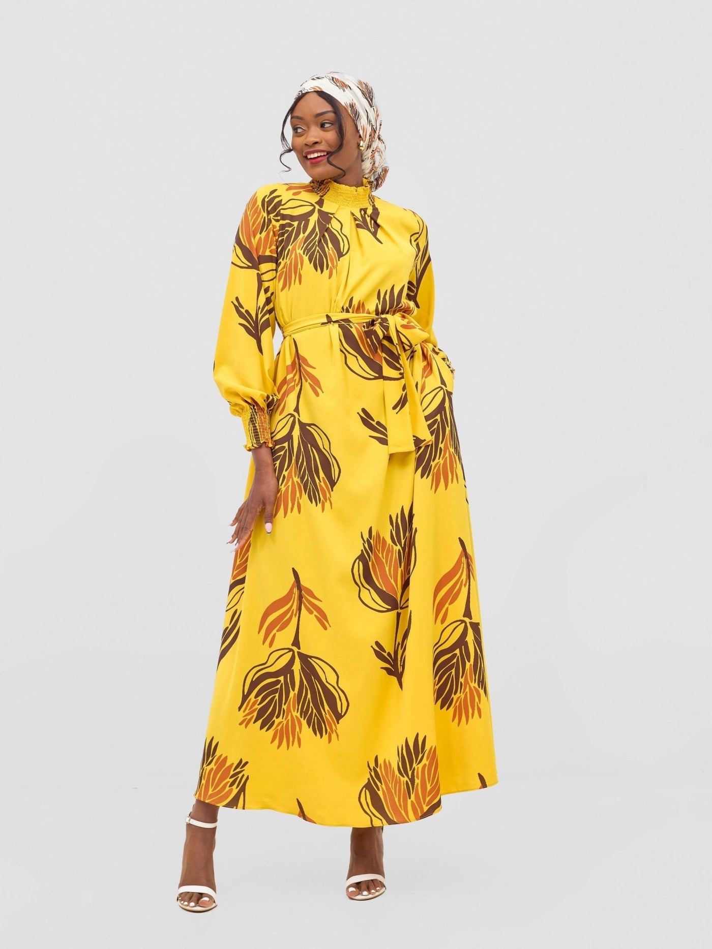 Vivo Ayah Shirred Neck Tent Maxi Dress - Yellow / Chocolate Yana Print - Shopzetu
