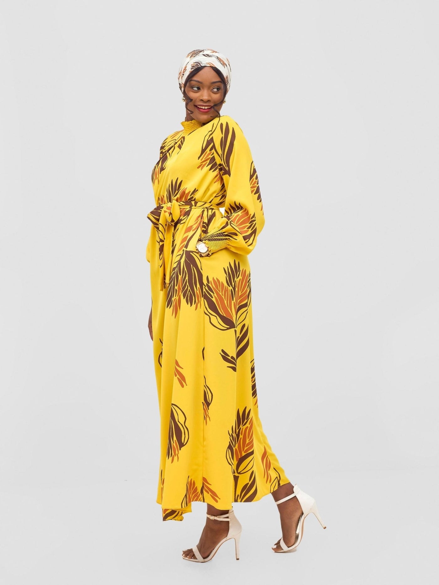 Vivo Ayah Shirred Neck Tent Maxi Dress - Yellow / Chocolate Yana Print - Shopzetu