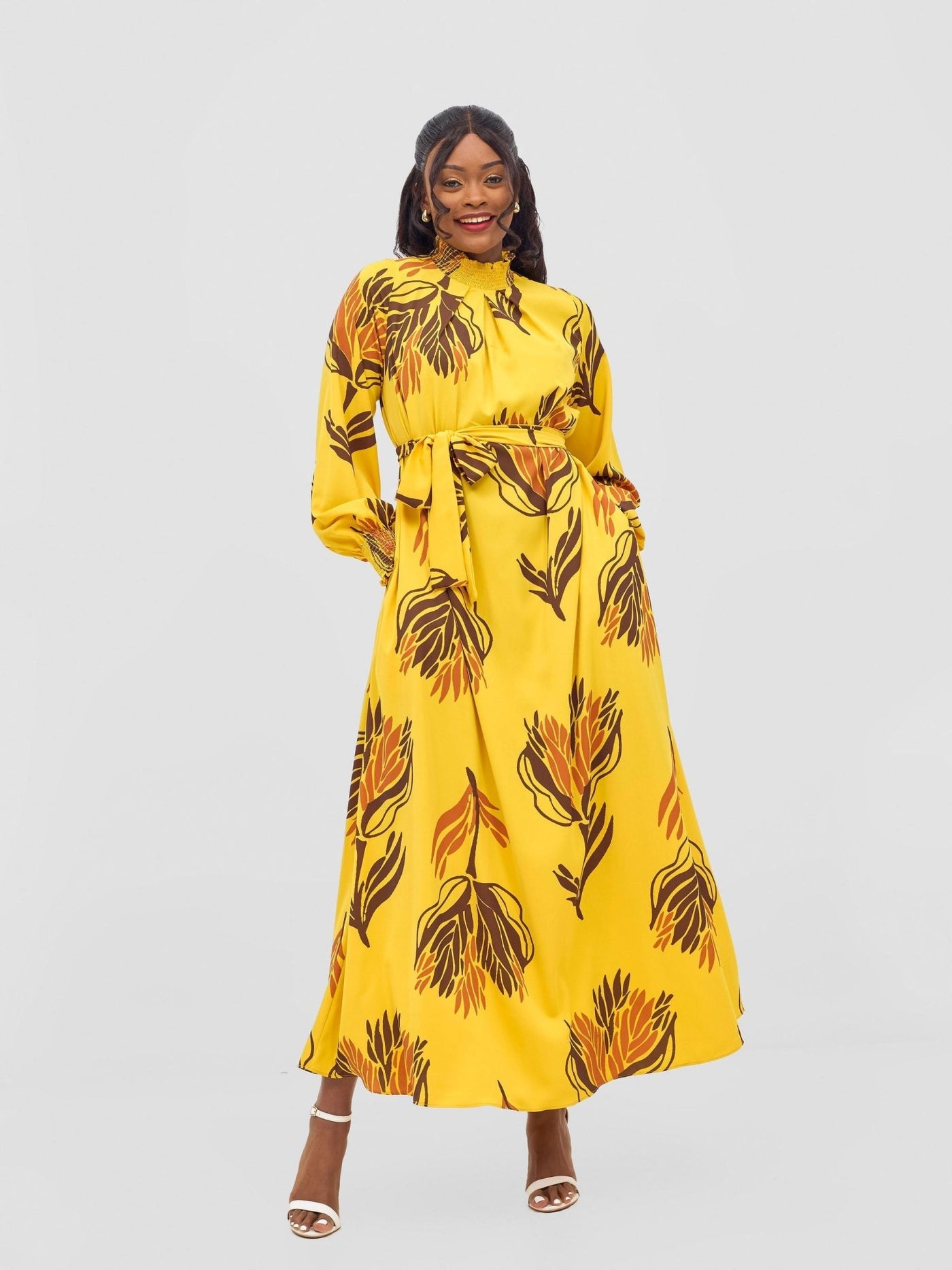 Vivo Ayah Shirred Neck Tent Maxi Dress - Yellow / Chocolate Yana Print - Shopzetu