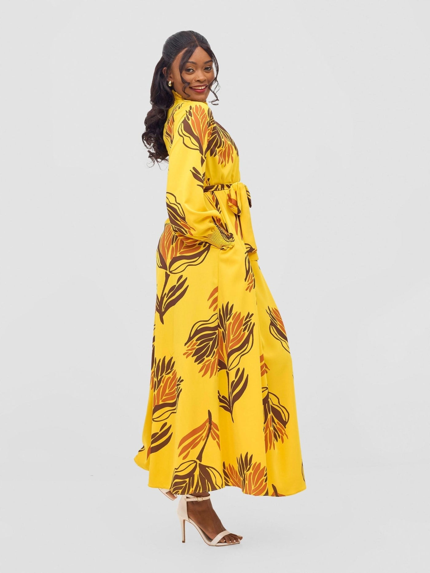 Vivo Ayah Shirred Neck Tent Maxi Dress - Yellow / Chocolate Yana Print - Shopzetu